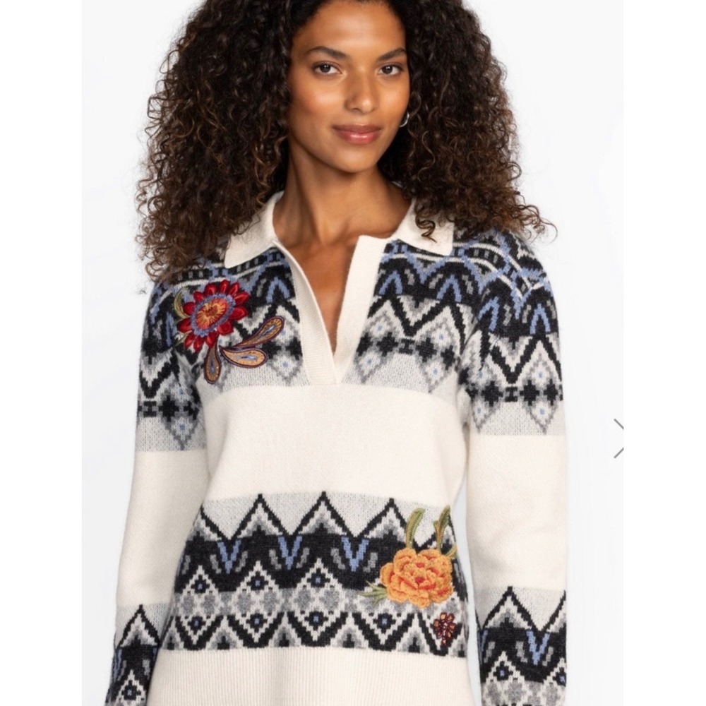 Johnny Was Fair Isle Floral Embroidered Polo cashmere Sweater Blue Cream L
